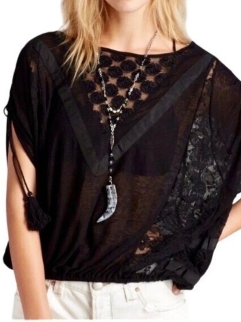 Free People New Romantics south of the Equator Semi Sheer Tassle Blouse